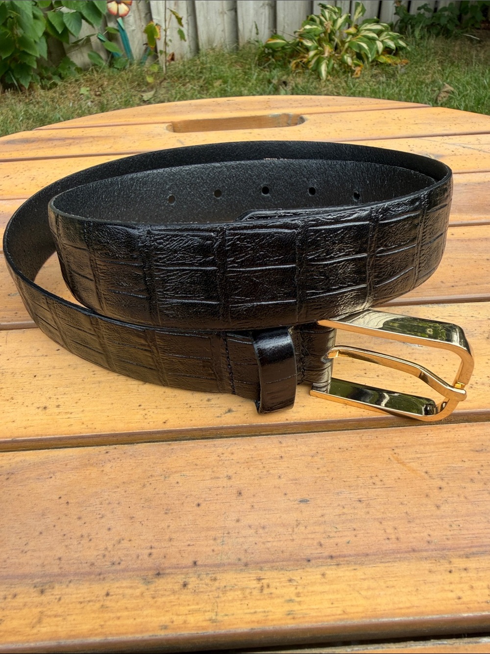 Zara Black Croc Embossed 100% Cow Leather Belt Gold Buckle Made in Spain 80 S